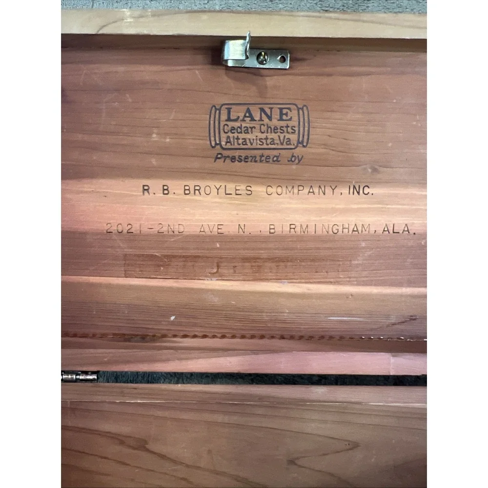 Vtg 1920s Lane Miniature Cedar Chest - R.B. Broyles Birmingham AL Address - Wood